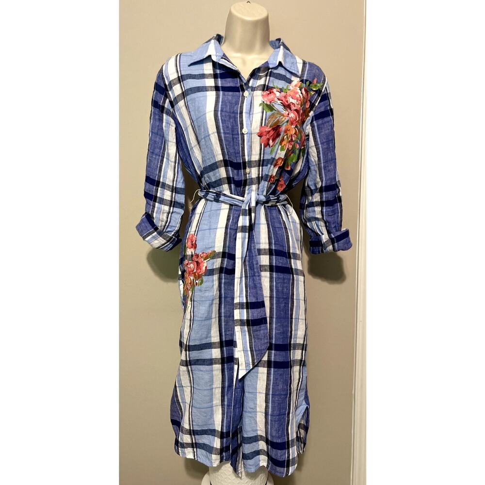 Lauren Ralph Lauren Linen Blue Plaid Dress with Floral Print Size 4/S
